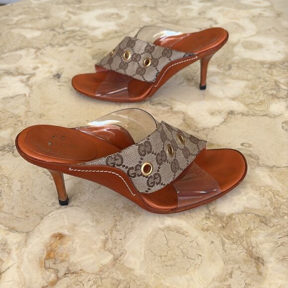 Gucci Vintage Beige/Brown GG Canvas, Leather & PVC Criss Cross Heeled Sandals - Picture 4 of 12